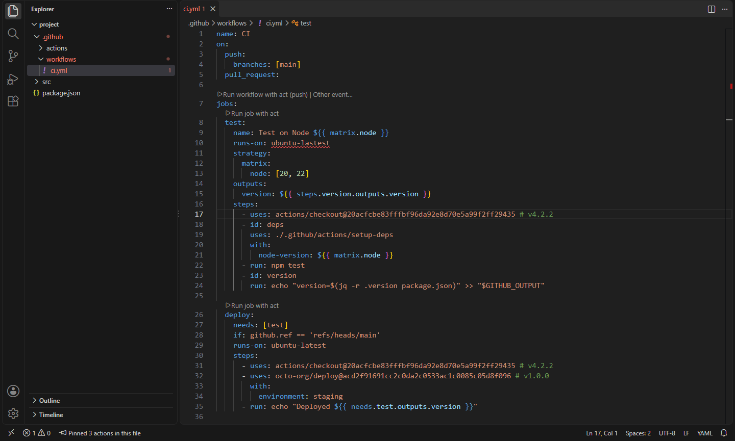 Every action pinned to a commit SHA with the release as a comment