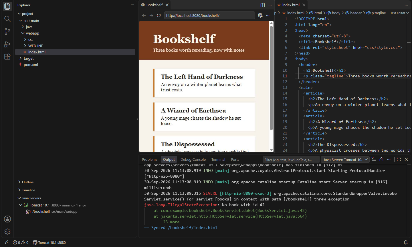A page edited and saved on the right, already served by Tomcat on the left