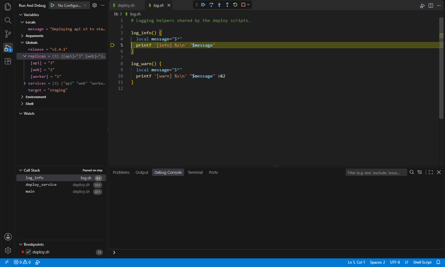 Stepped into a function in a sourced file: the call stack shows both files