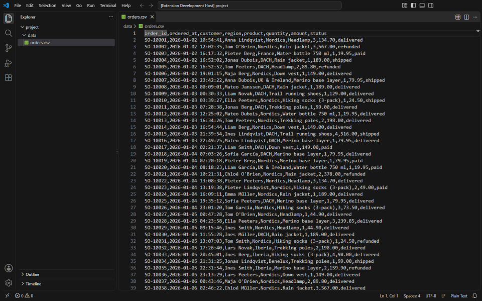 An orders CSV opened as a table and paged through, then delivered revenue per region with SQL, sorted by clicking the revenue header