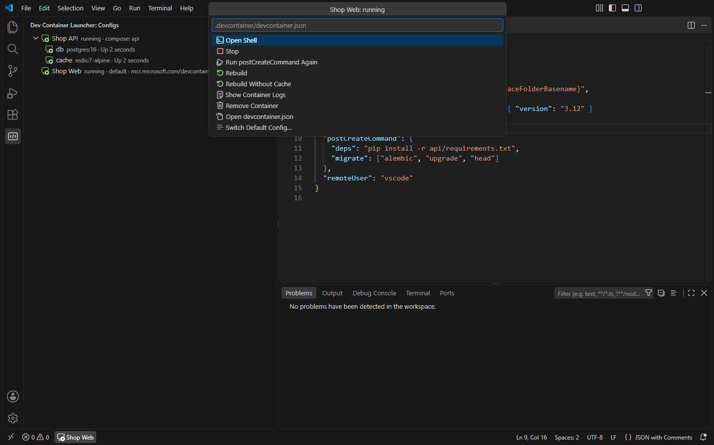 The status bar item's actions for the default dev container