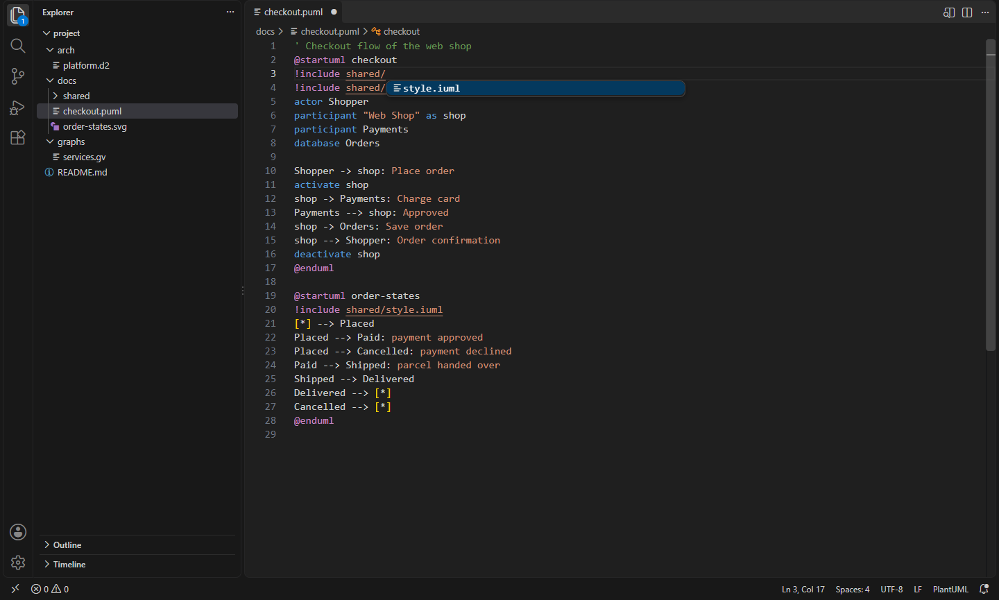 Completing an !include path in a PlantUML file