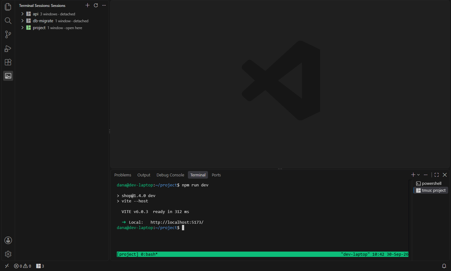 After a window reload the terminal is back, attached to the same session, with the dev server still running