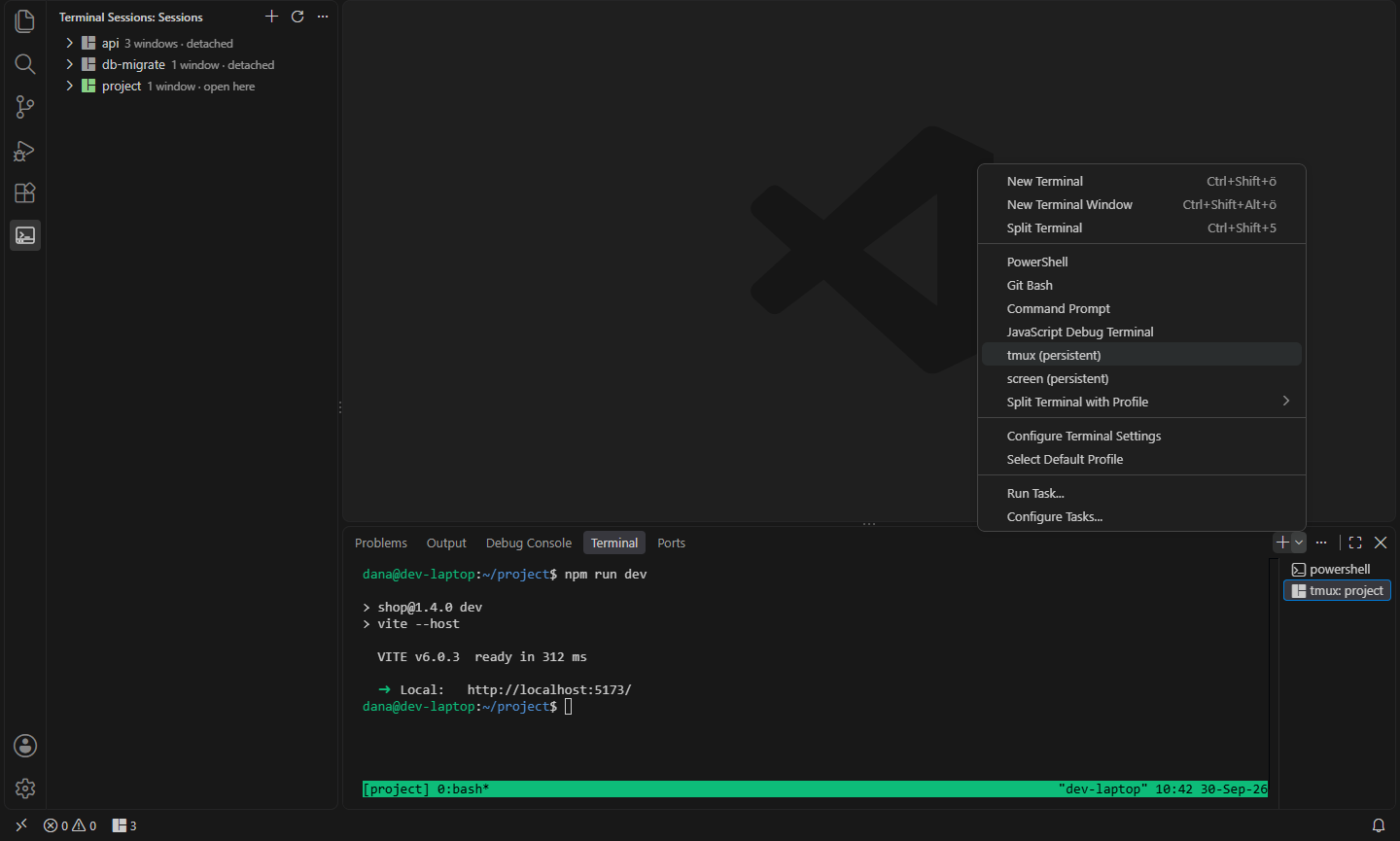 The tmux (persistent) and screen (persistent) profiles in the terminal panel's + menu