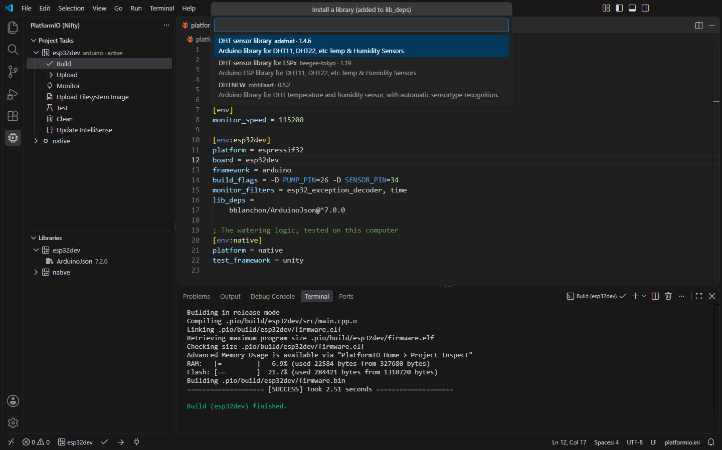 Searching the PlatformIO registry for a DHT sensor library to install