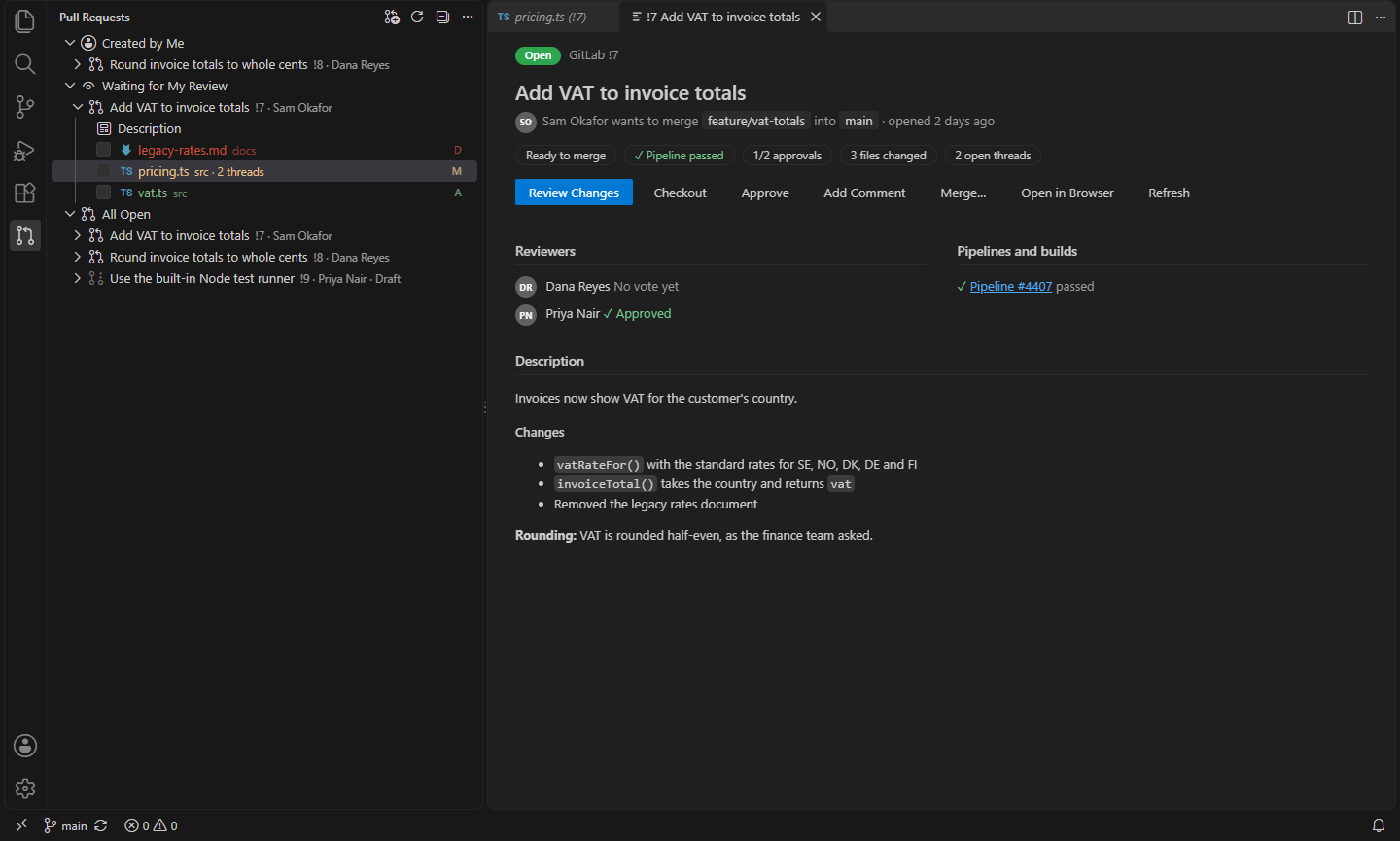 The details panel: description, reviewers and approvals, pipeline status and actions