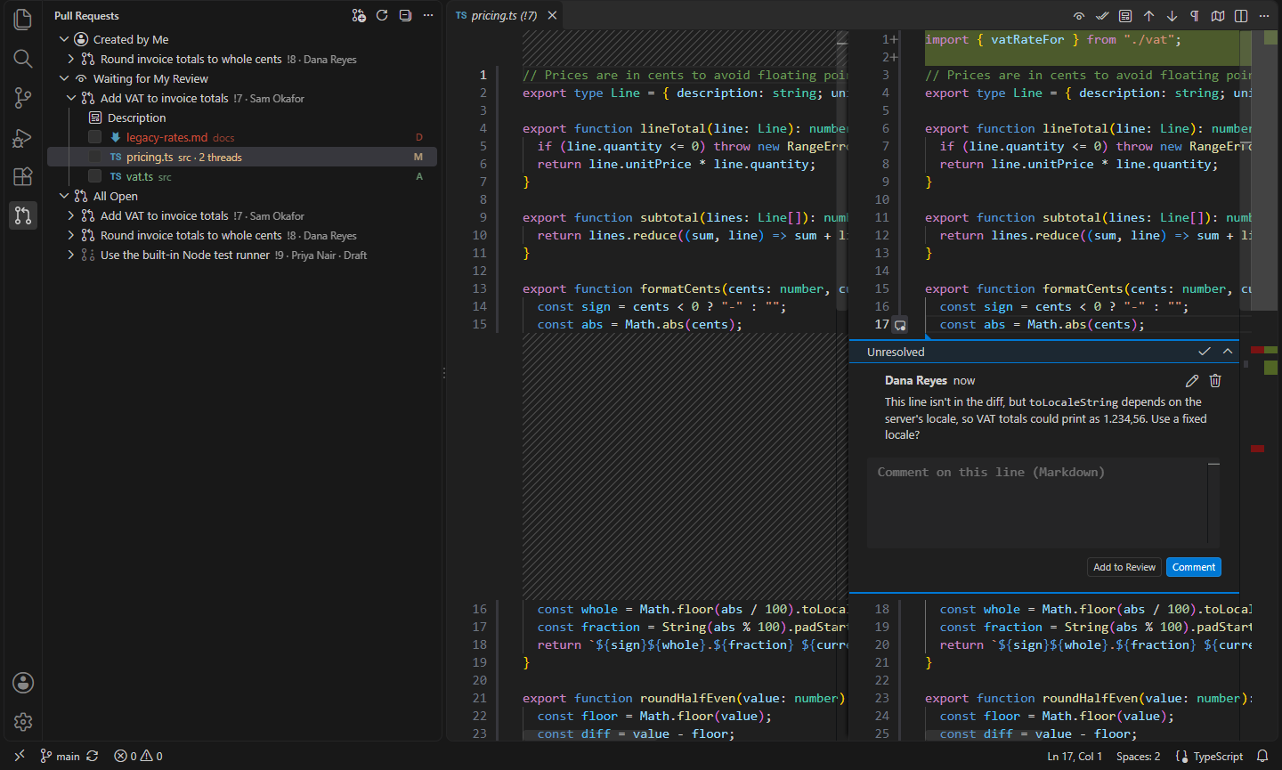 A merge request's diff with a comment thread on line 17, a line the change doesn't touch