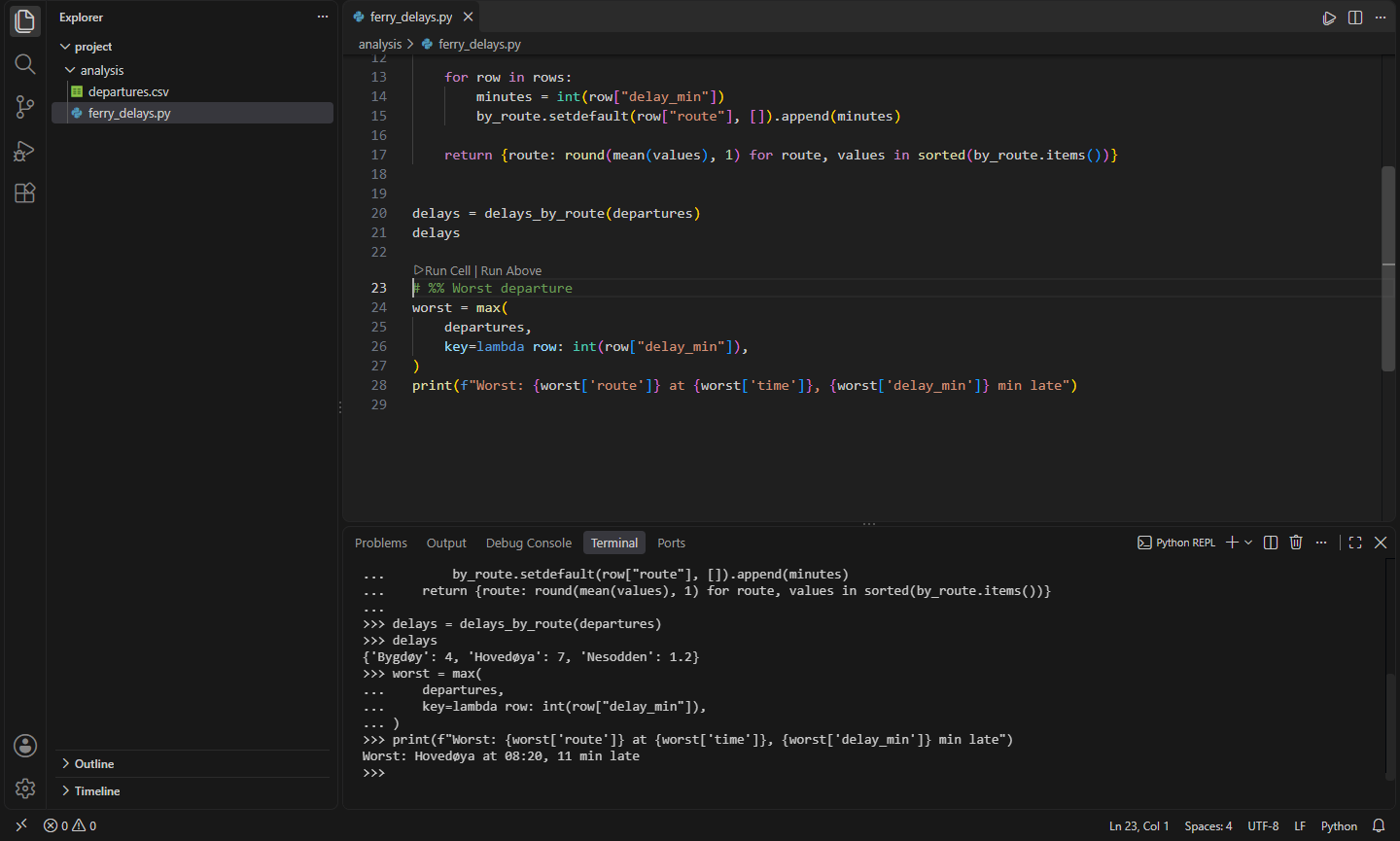 Ctrl+Enter ran a # %% cell, a function with blank lines inside and its result, in a Python REPL below the script