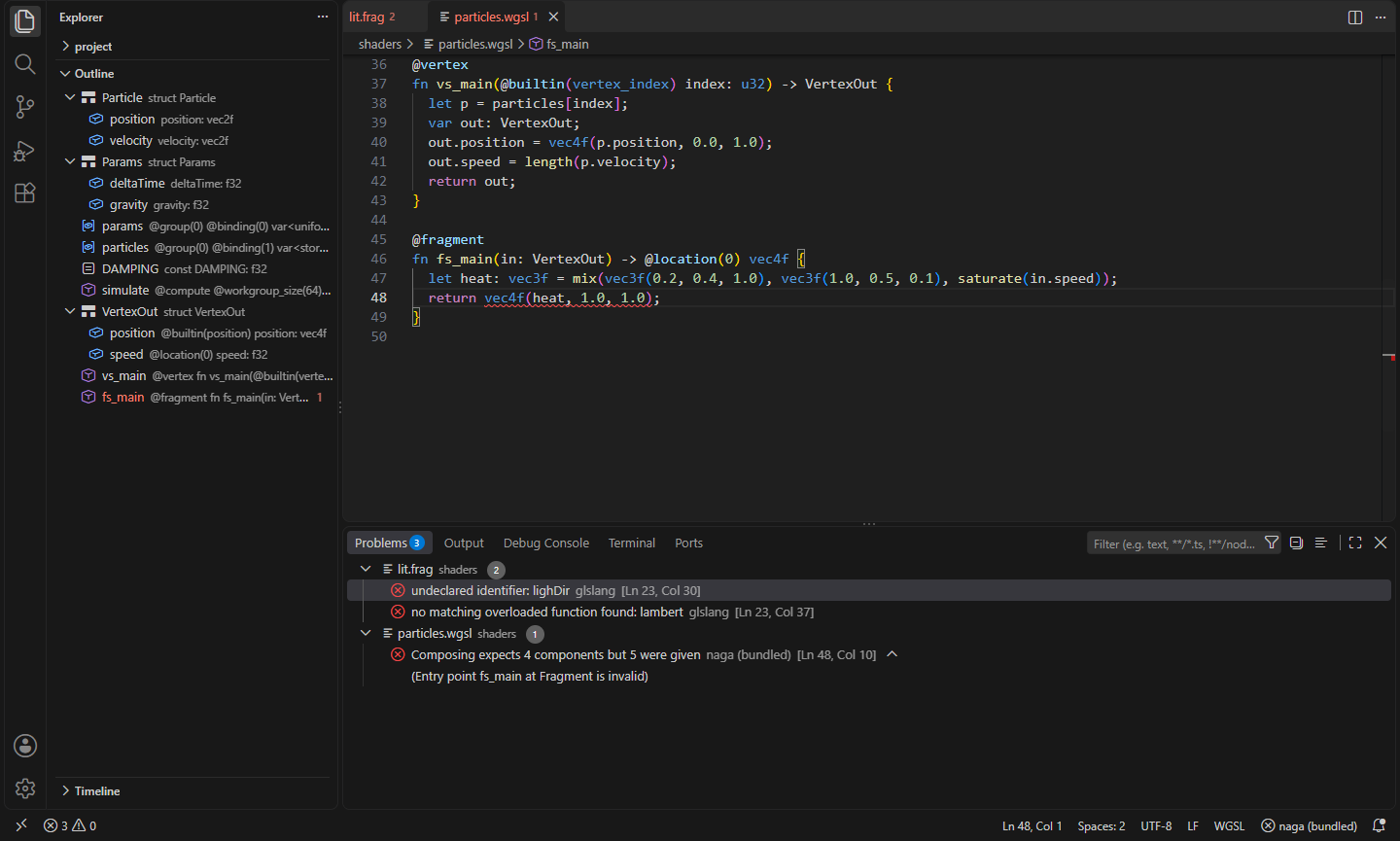 A WGSL shader checked by the built-in naga, with the outline of its structs, bindings and entry points