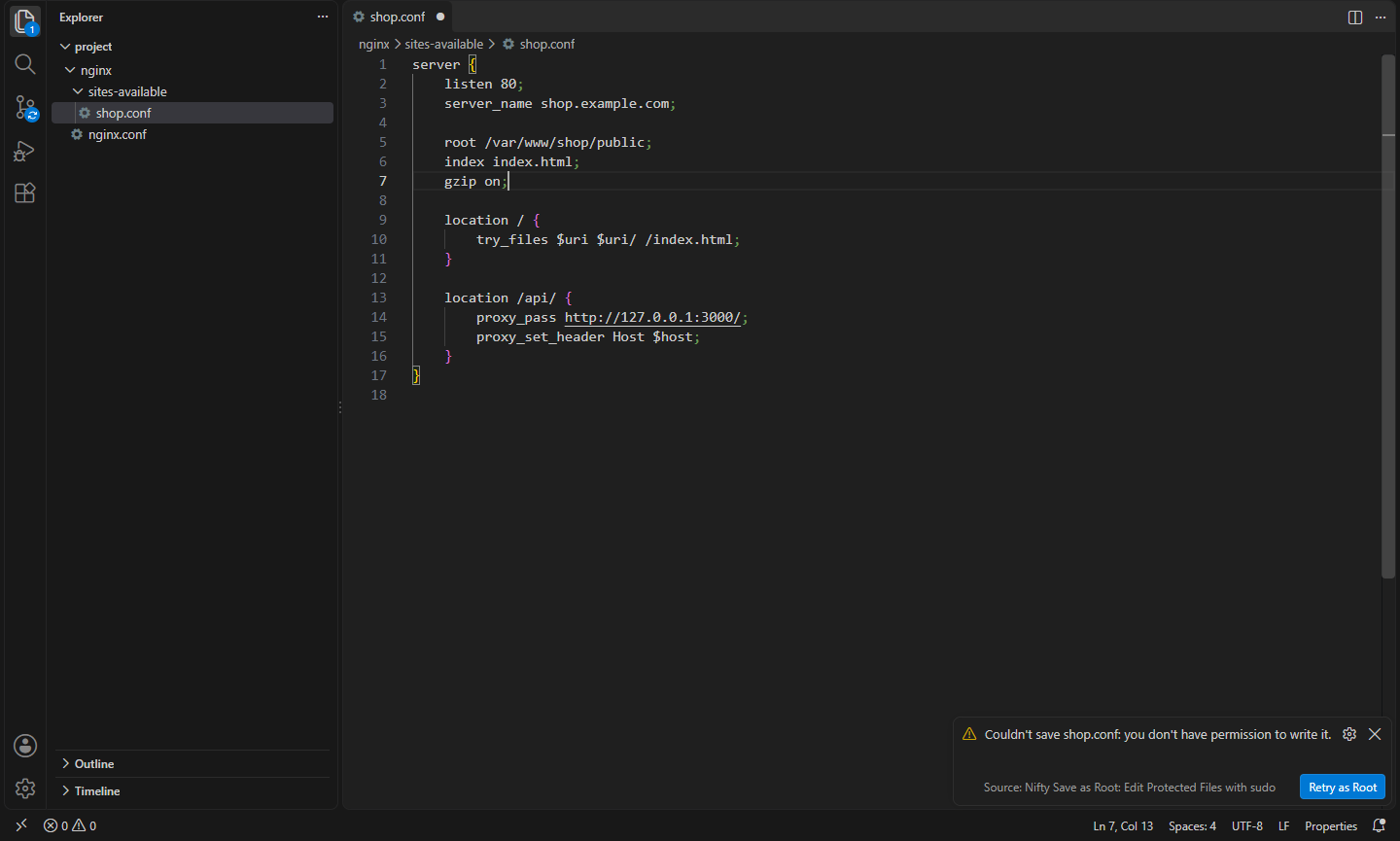 Saving a root-owned nginx config fails, and Retry as Root is offered